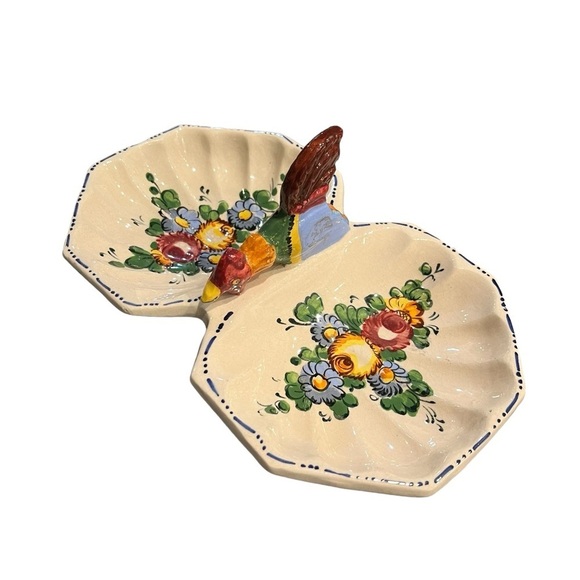Vintage Italian Hand Painted Divided Candy Nut Dish Rooster Floral Farmhouse - Picture 10 of 10